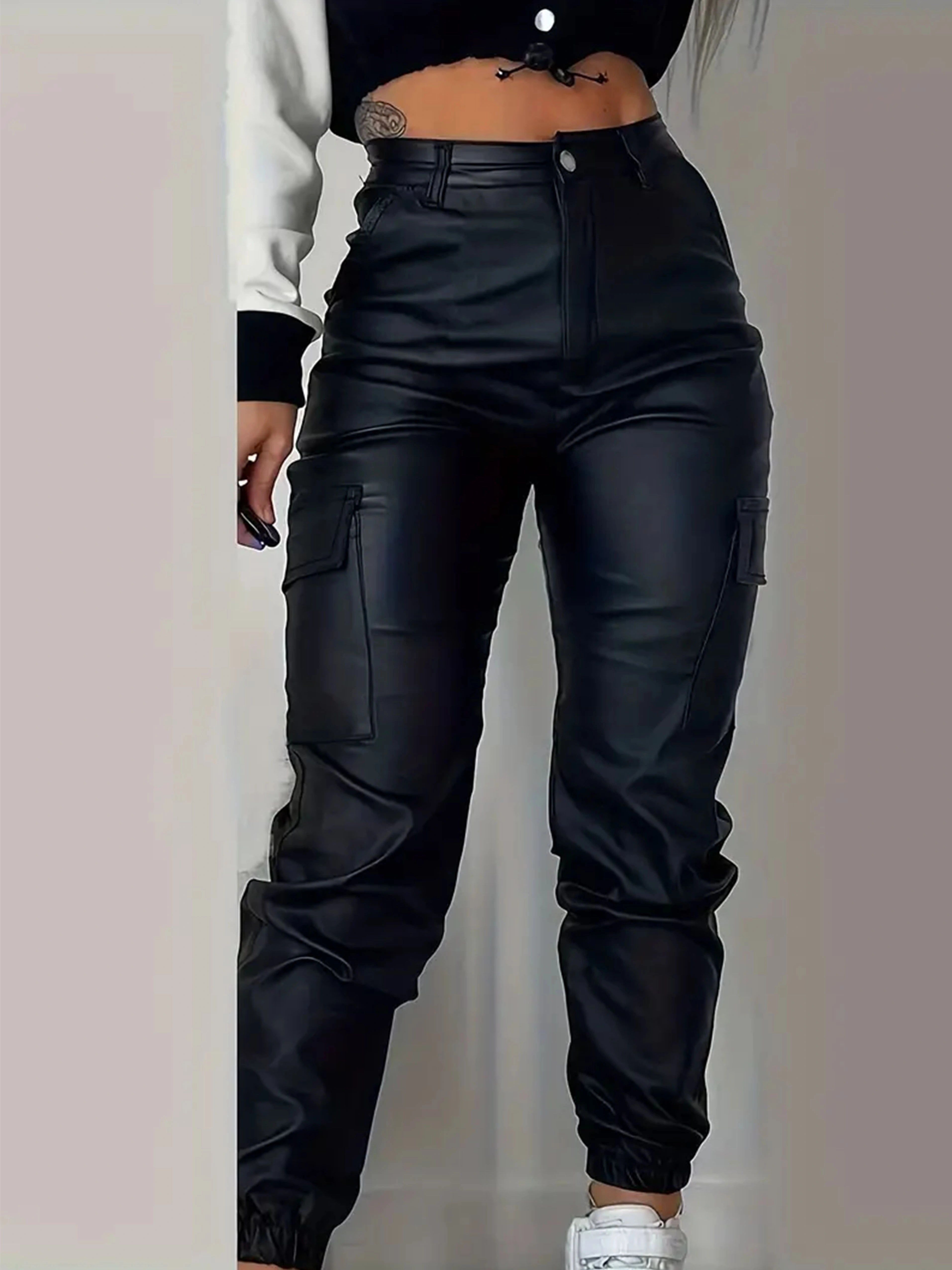 Women's Street Style High-Rise Cargo Jeans - Solid Color, Smooth Fabric, Medium Stretch, Woven | Multi-Pocket Design | Glossy Finish | Comfort Fit | All-Season Wear